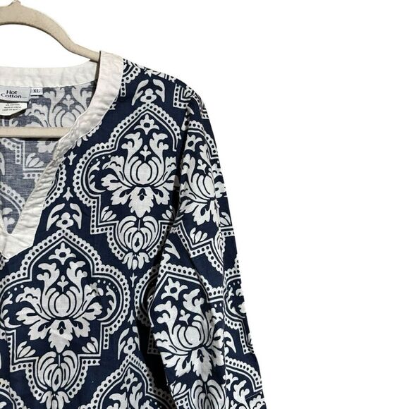 Hot Cotton Tunic Top Womens XL Multicolor Boho Artsy Print Linen Blend Blouse - Picture 3 of 9